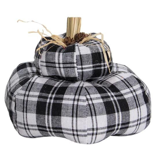 5.5" Black & White Plaid Stacked Fall Harvest Tabletop Pumpkin